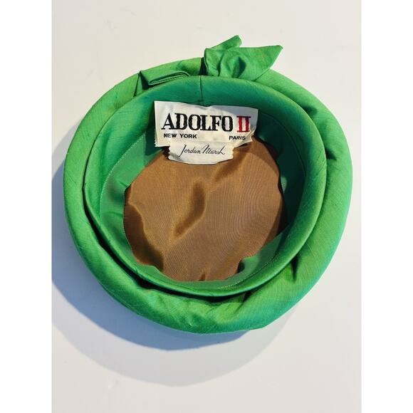Vintage Adolfo II By Jordan Marsh green silk Pillbox Hat 50’s 60’s Vtg NY Paris - Picture 5 of 10